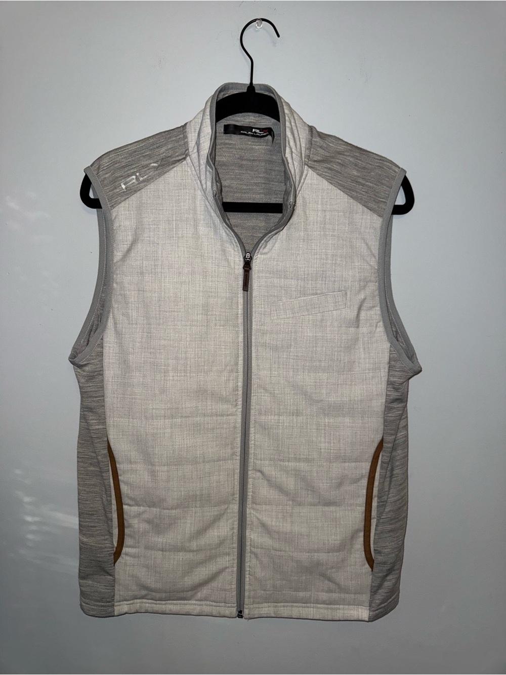RALPH LAUREN  Men's Light Gray Quilted Vest with Tan Accents